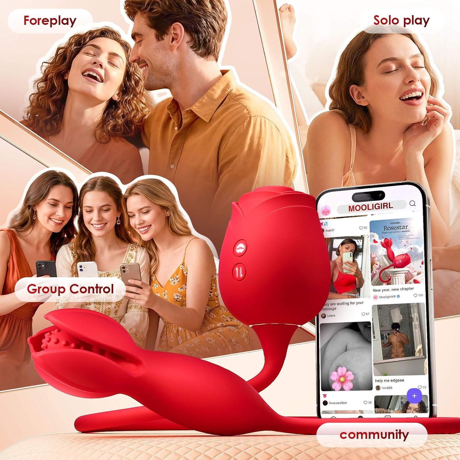 image:imageMOOLIGIRL Rose Toy Couple Vibrator Sex Toys for Women Detachable Sucking Vibrator amp Blooming Thrusting Dildo 10 Modes App AI Control Adult Toy for Female GSpot Clitoral Nipple Weights SuckerWarm Red